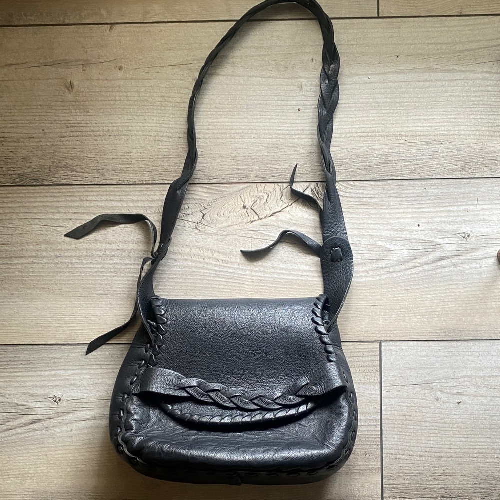 Black Leather Braided Crossbody Bag
